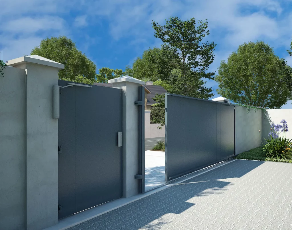 Portail coulissant aluminium plein avec portillon Kostum - modèle Holev